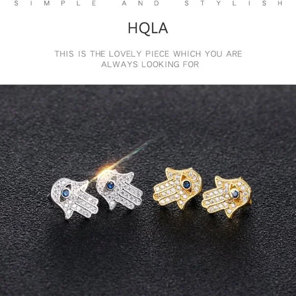 Yellow Gold/White Gold Plated Evil Eye and Hamsa Hand of Fatima White Blue Cubic - Picture 2 of 5